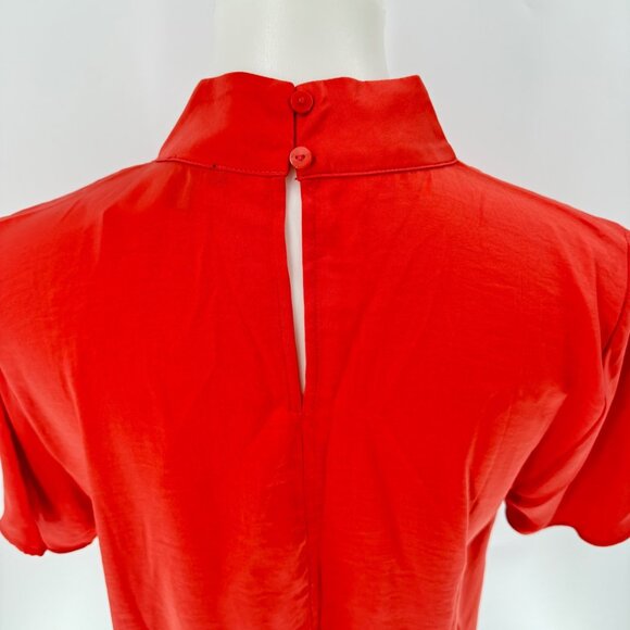 Ann Taylor Factory Womens Coral Short Sleeve Blouse With Tie Neck Size M 100% Po - Picture 3 of 9